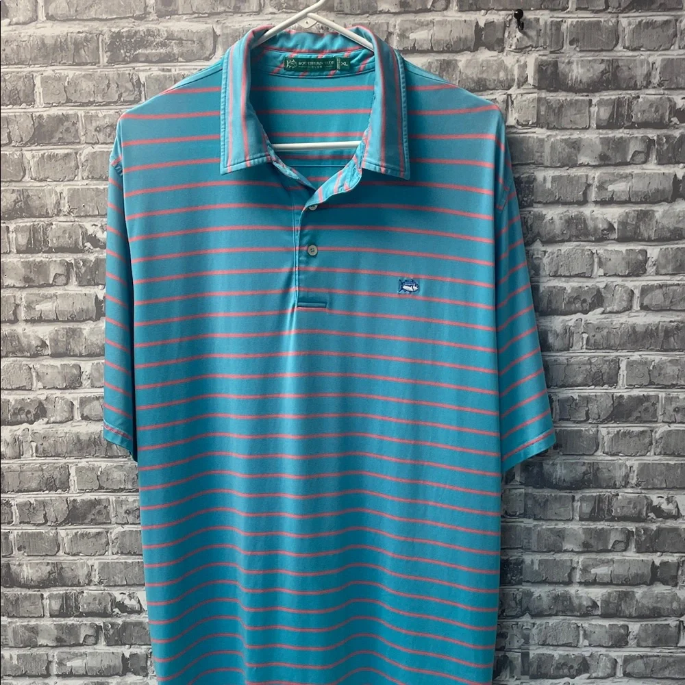 Southern Tide Aqua and Coral Striped Polo - Picture 1 of 7